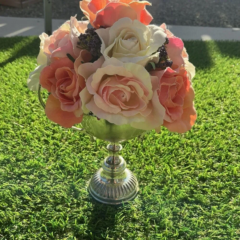 Vintage Silverplate Style Footed Urn Vase Double Handle Faux Rose Arrangement 7”